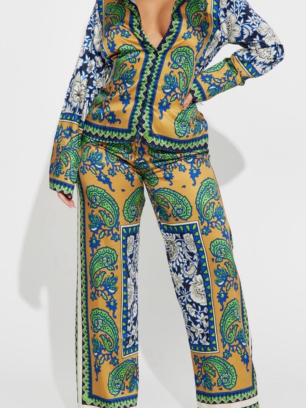 Fashion Nova Tan Wide-Leg Pants with Blue & Green Paisley Print